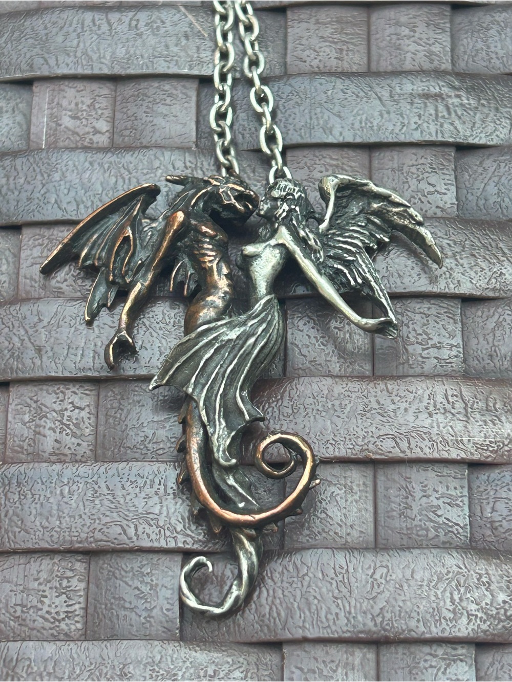 ANGEL & DRAGON DUAL PENDANT 2.5” and 10.5” Necklace Two-Tone Silver & Bronze - Picture 5 of 15